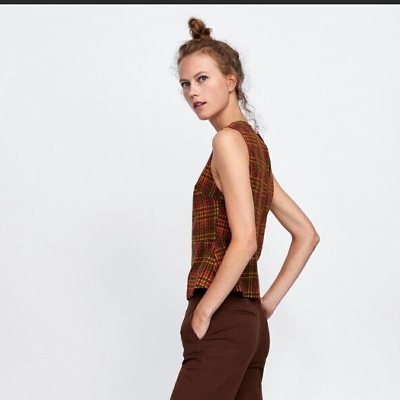 ZARA Woman Orange Plaid Peplum Sleeveless NEW Blouse Orange Yellow - Picture 7 of 15